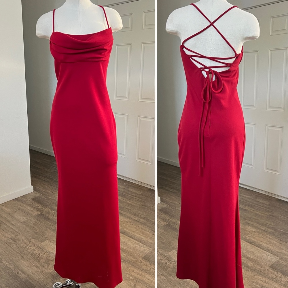 VTG Y2K‎ Maxi Prom Dress Sz Medium Red Cowl Neck Lace Up Back Evening Long Gown